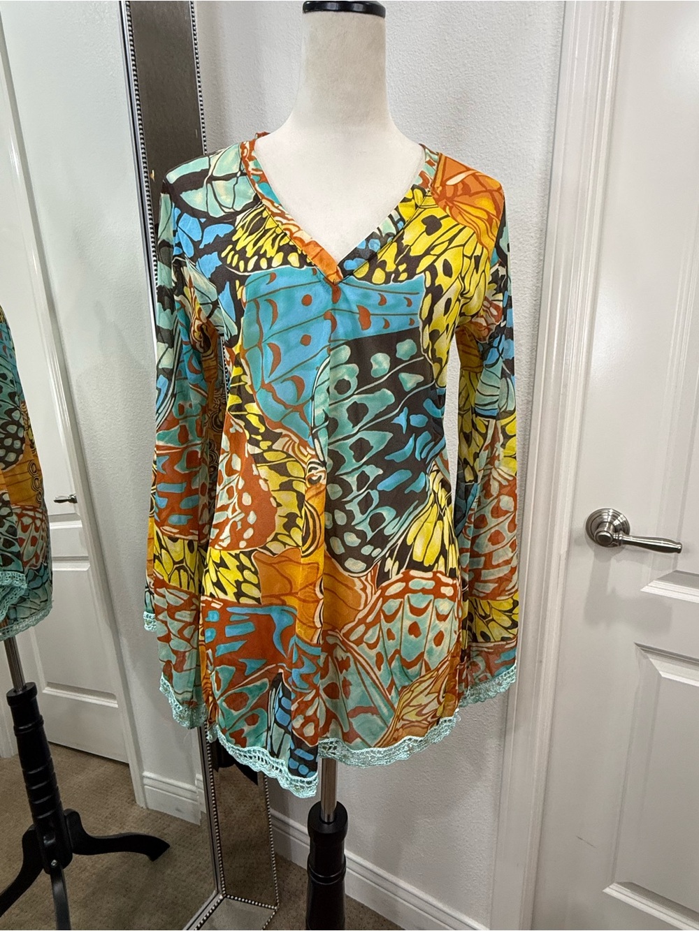 Letarte Butterfly-Print Swim Coverup in Teal, Yellow, Orange, Brown